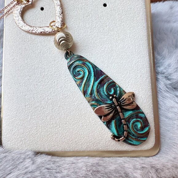 Gold & Patina Dragonfly Heart Pendant Long Necklace - Picture 5 of 5